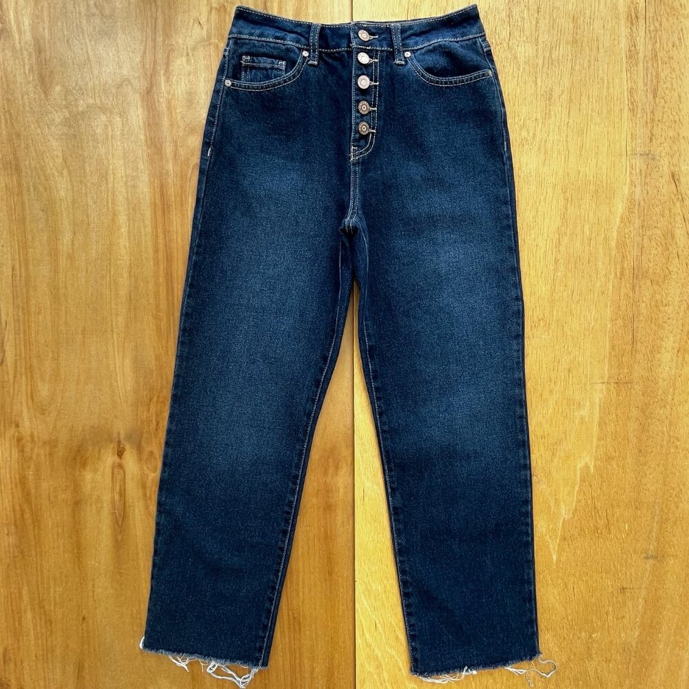 SINCERELY JULES WIDE LEG BUTTON FLY JEANS WOMEN’S sz 1/25 High Rise Frayed Hem